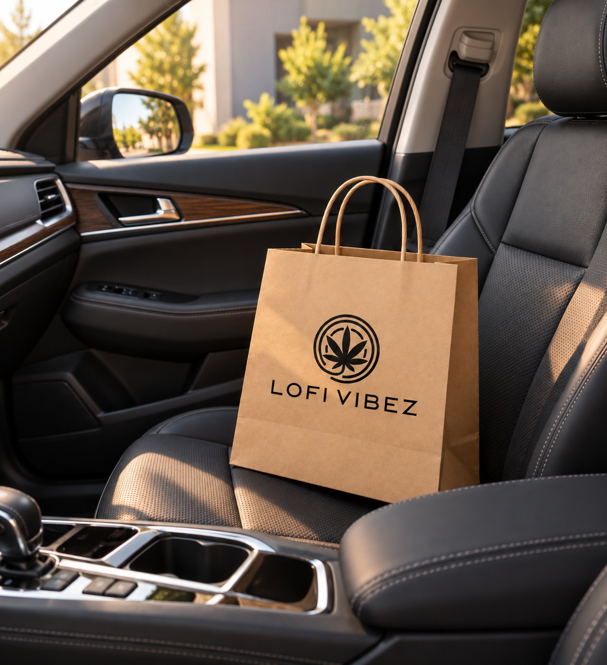 A LOFI Vibez delivery bag on the passenger seat of a car