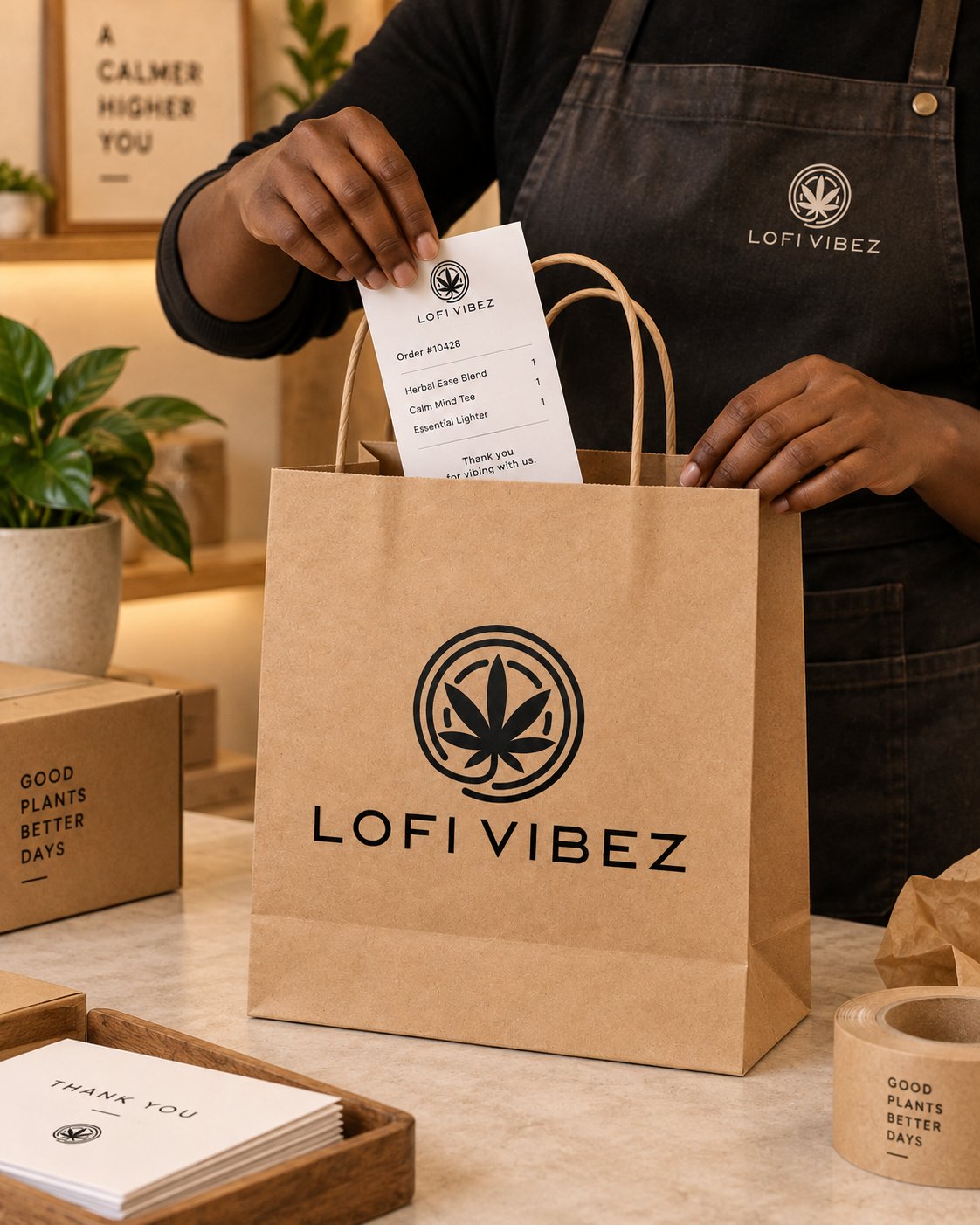 Hands placing a receipt into a branded LOFI Vibez delivery bag