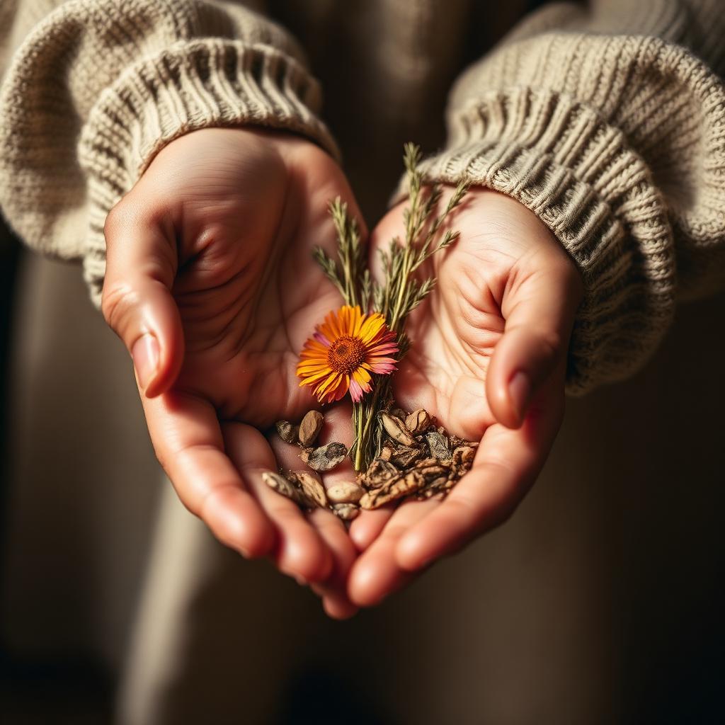 Cupped hands holding dried herbs and a small wildflower