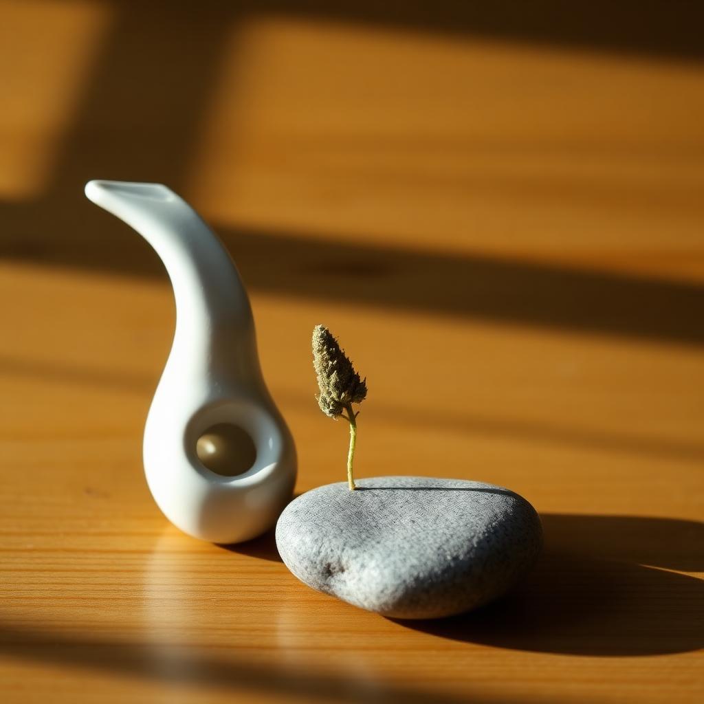 A ceramic pipe and cannabis bud on a stone, lit by warm sunlight