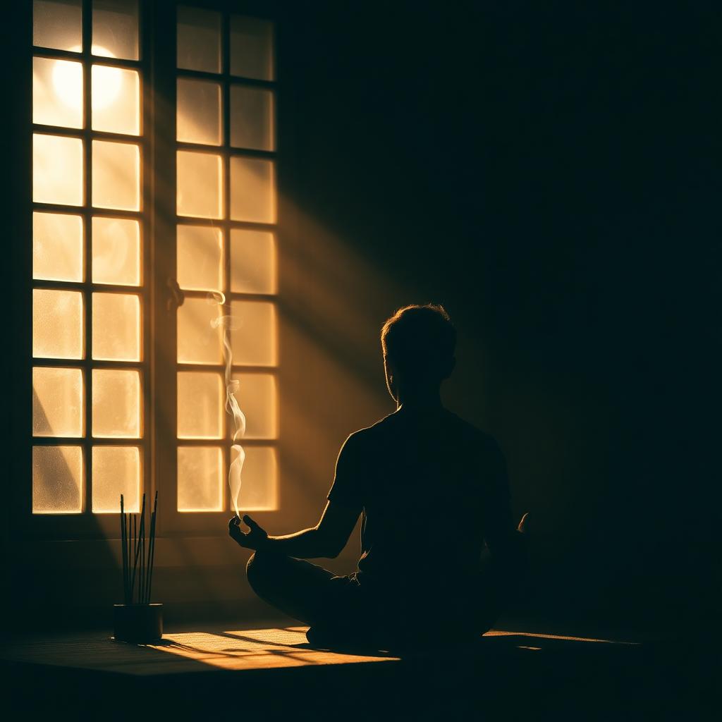 A silhouette meditating by a sunlit window with incense smoke rising