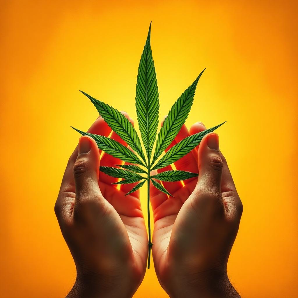 Hands cradling a single cannabis leaf against an amber background