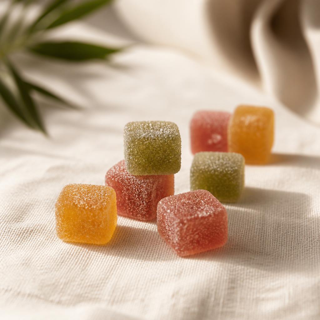 Colorful THC gummies arranged neatly