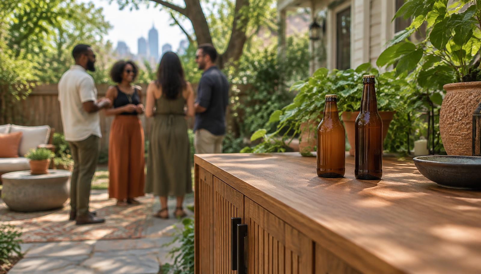 Two closed adult drink bottles on a wooden sideboard at a quiet backyard gathering, with adults talking in the background.