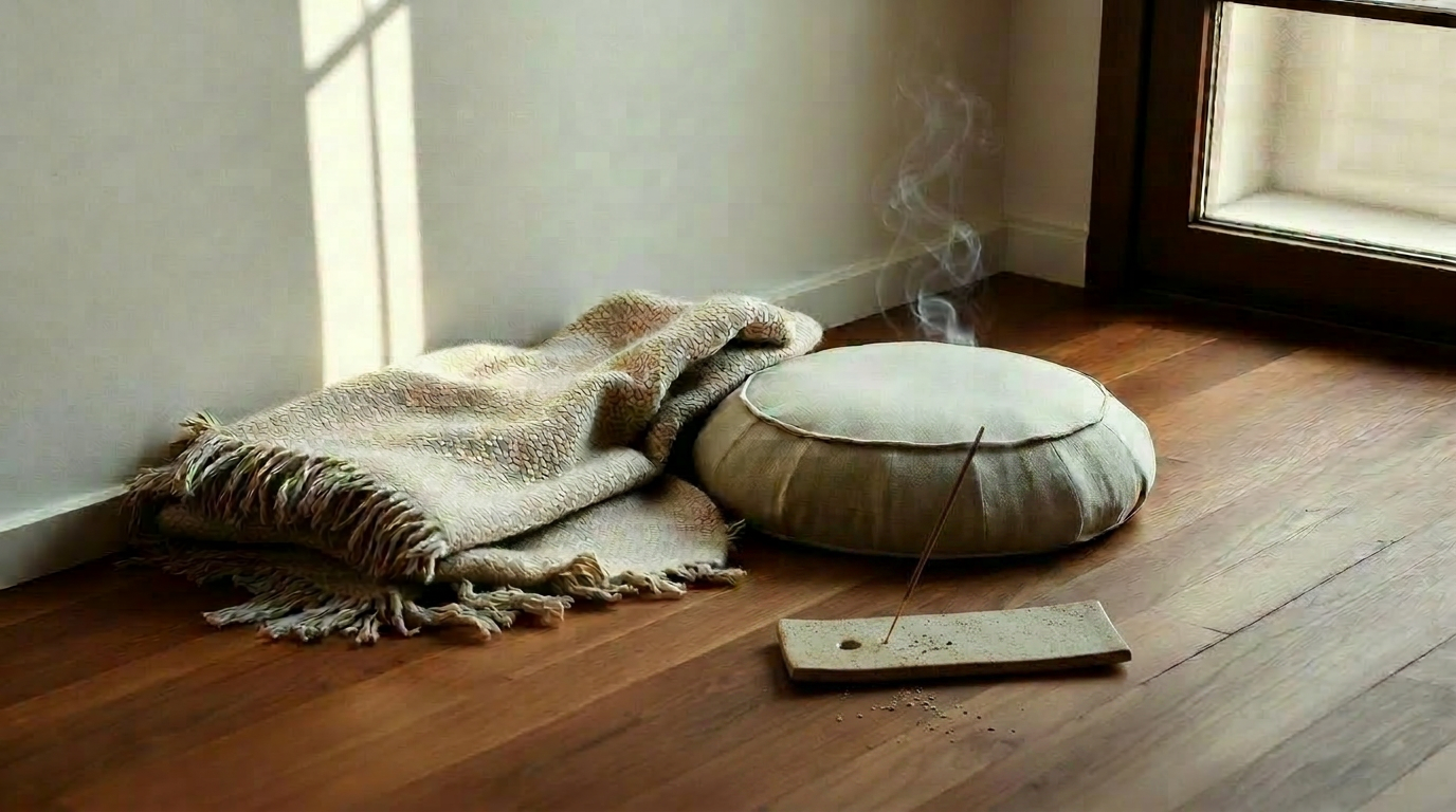 A folded wool blanket and round linen meditation cushion on a wooden floor with a single trail of incense smoke.