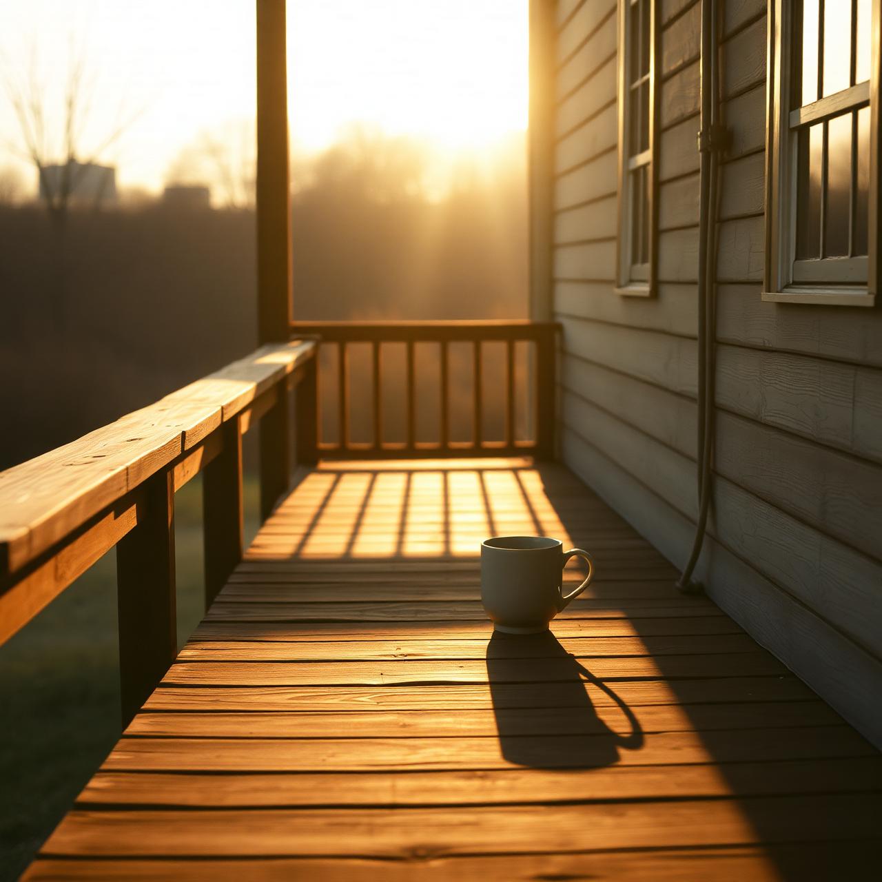 An empty wooden porch at golden hour with a single ceramic mug