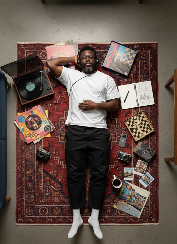 Overhead view of a man resting on a patterned rug surrounded by records, a turntable, headphones, cameras, and a sketchbook