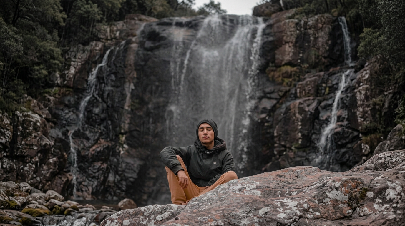 A person sits in quiet reflection beneath a waterfall, capturing the stillness of a tolerance break.