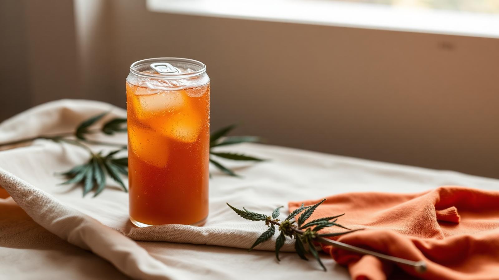 A chilled cannabis-infused seltzer beaded with condensation on a warm bone linen surface